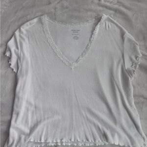 American Eagle Outfitters White Ribbed V-Neck Tee with Lace Trim